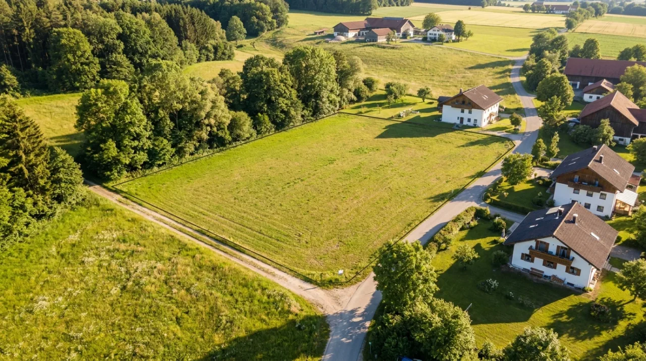 Baugrundstück in einem Dorf bei Regensburg aus der Luft