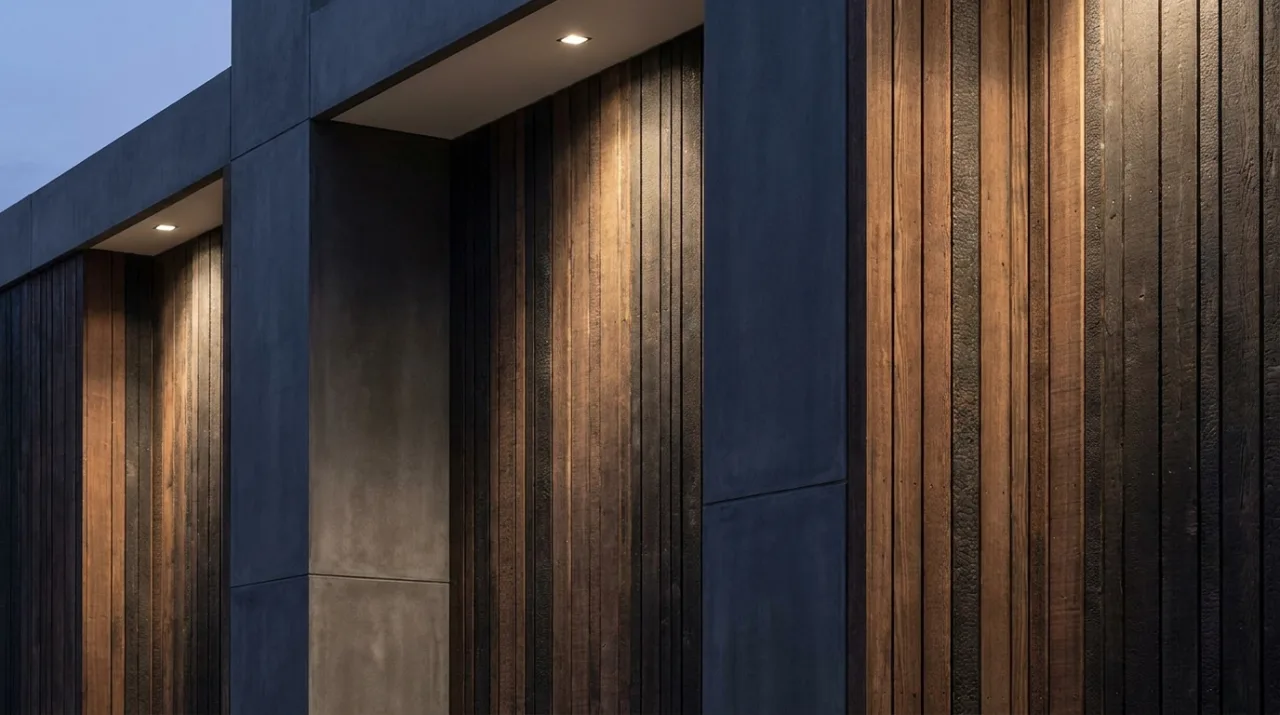 Moderne Fassade aus Holz und Beton