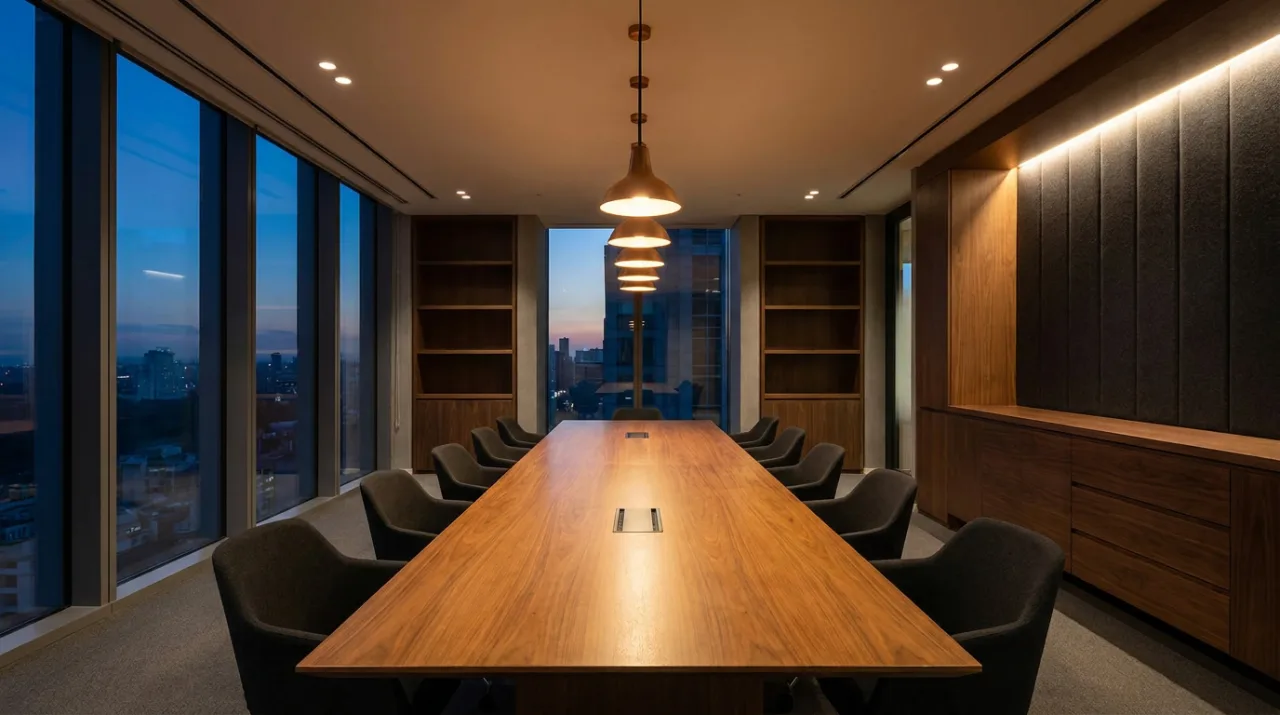 Moderner Besprechungsraum im OLYMP-Haus-Büro mit Blick über Regensburg