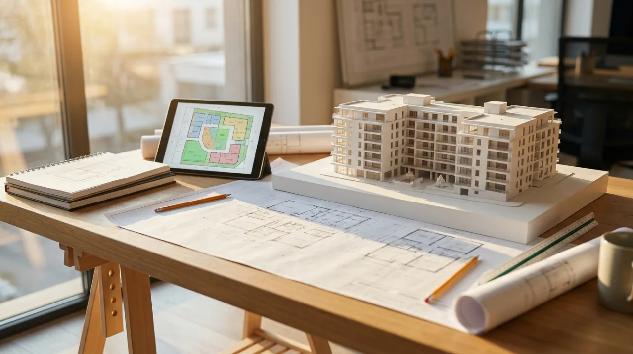 Bauplanung — Grundrisse und Architekturmodell